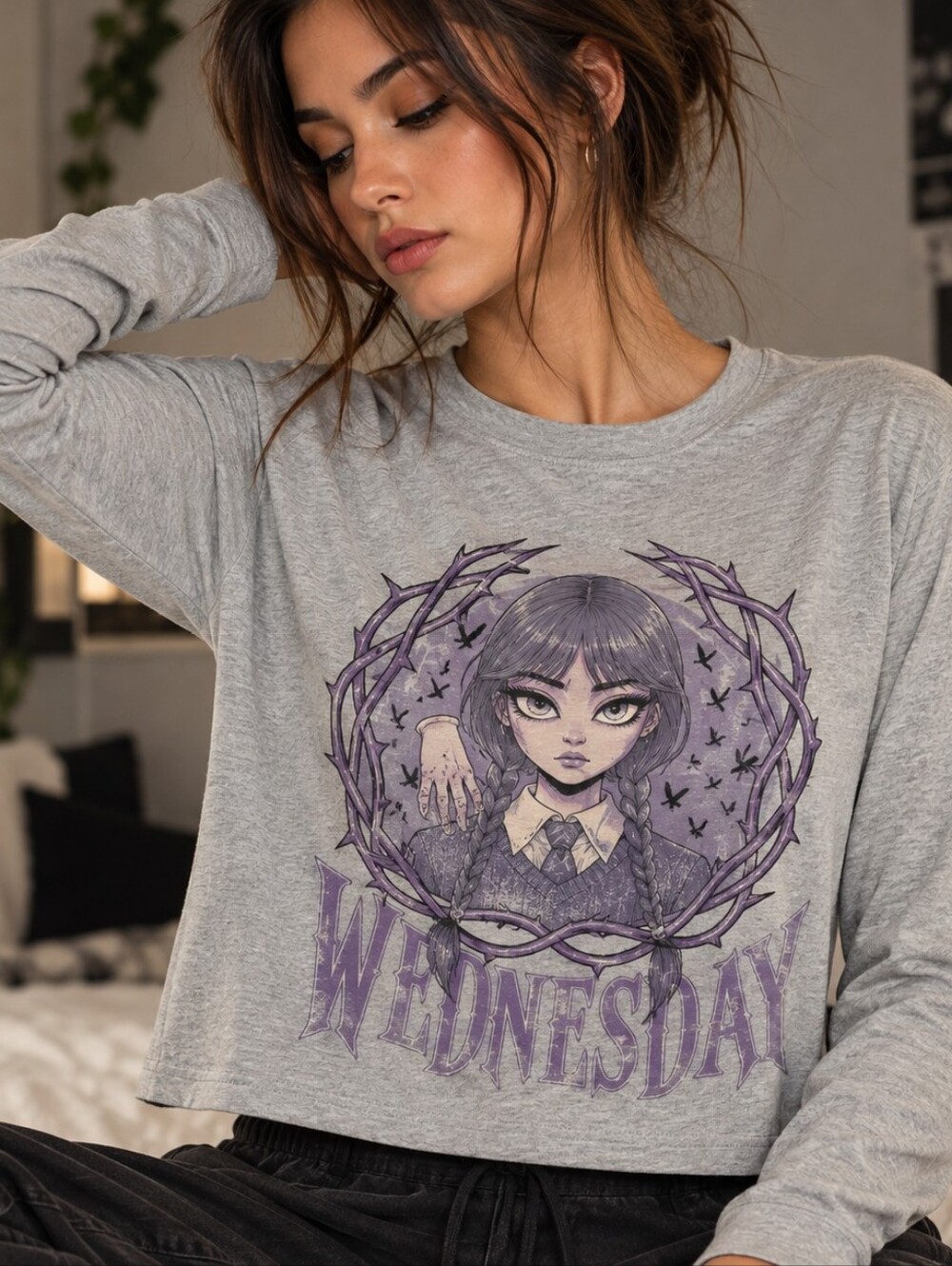 Wednesday Grey Long Sleeve Graphic Tee, Size S